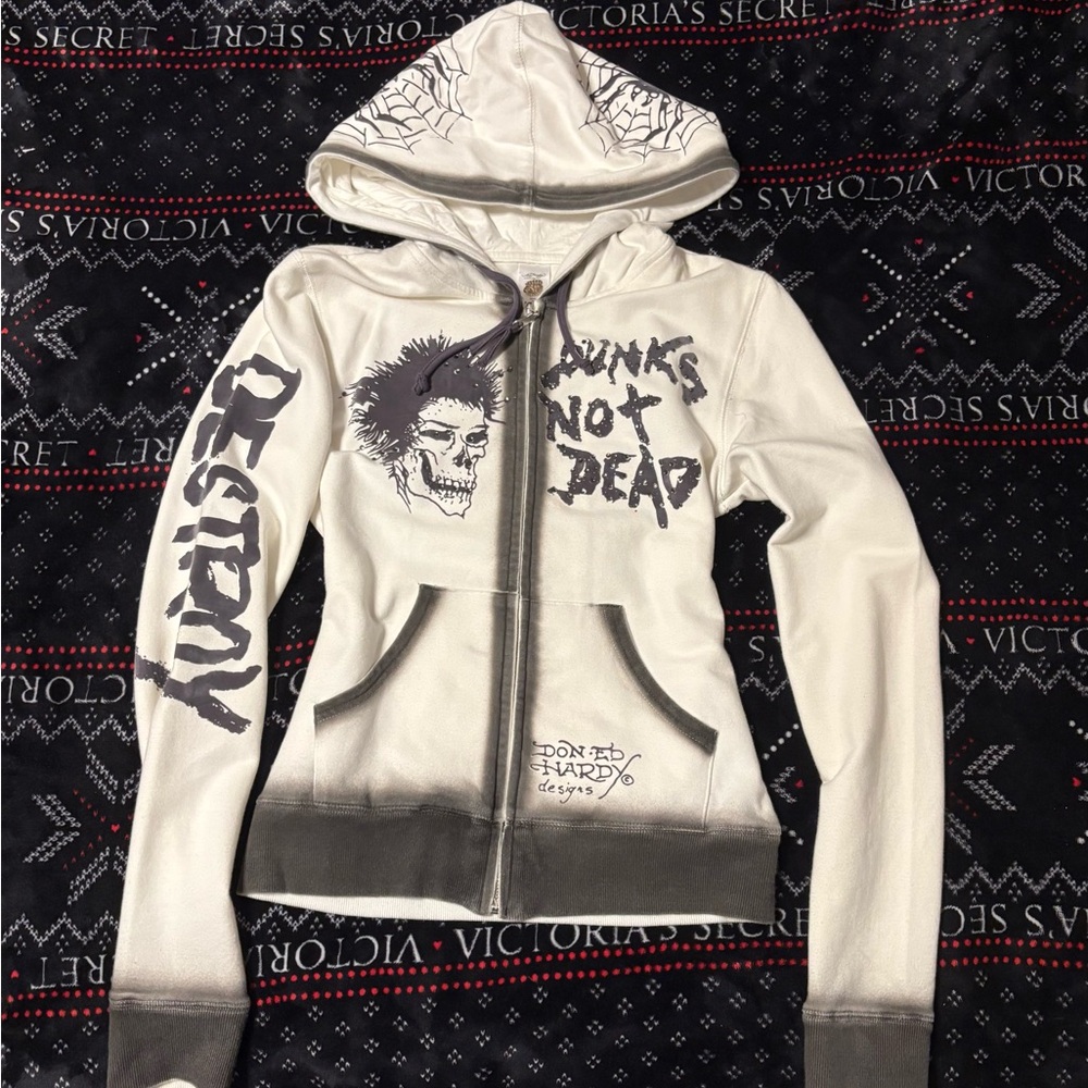 Ed Hardy Women's White and Gray Graphic Hoodie